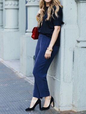 Navy Silk Elastic Waist Pants